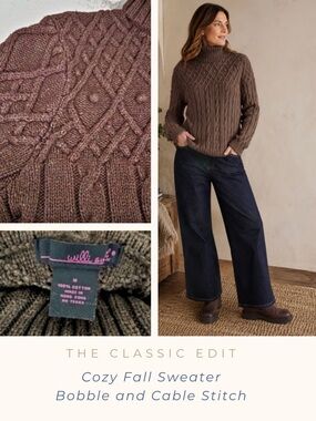 Willi Smith | Cable and Bobble Knit Cotton Sweater | Chocolate Brown | Cozy Fall
